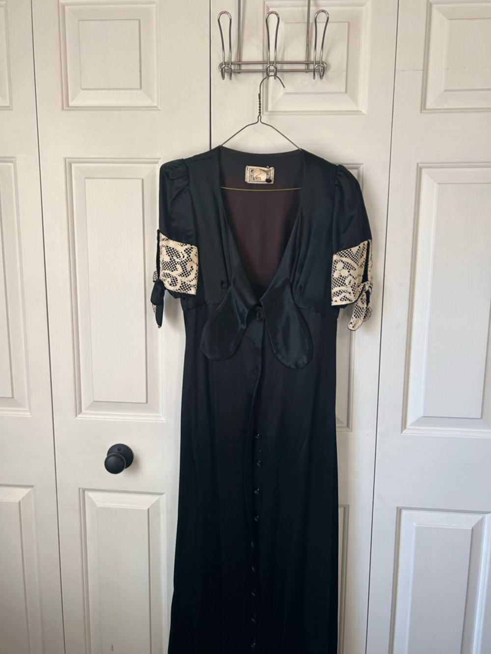 Black Satin Maxi Dress with Printed Sleeve Accents